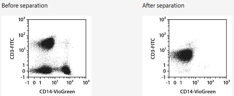 Separation of an LRSC sample using the StraightFrom LRSC CD3 MicroBead Kit and the MultiMACS Cell24 Separator Plus with the Single-Column Adapter and LS Columns. Cells were fluorescently stained with REAfinity Antibodies CD3-FITC, CD14‑VioGreen, as well as CD45‑VioBlue and analyzed by flow cytometry using the MACSQuant Analyzer. Viable leukocytes were gated for analysis based on scatter signals, propidium iodide fluorescence, and CD45 expression.